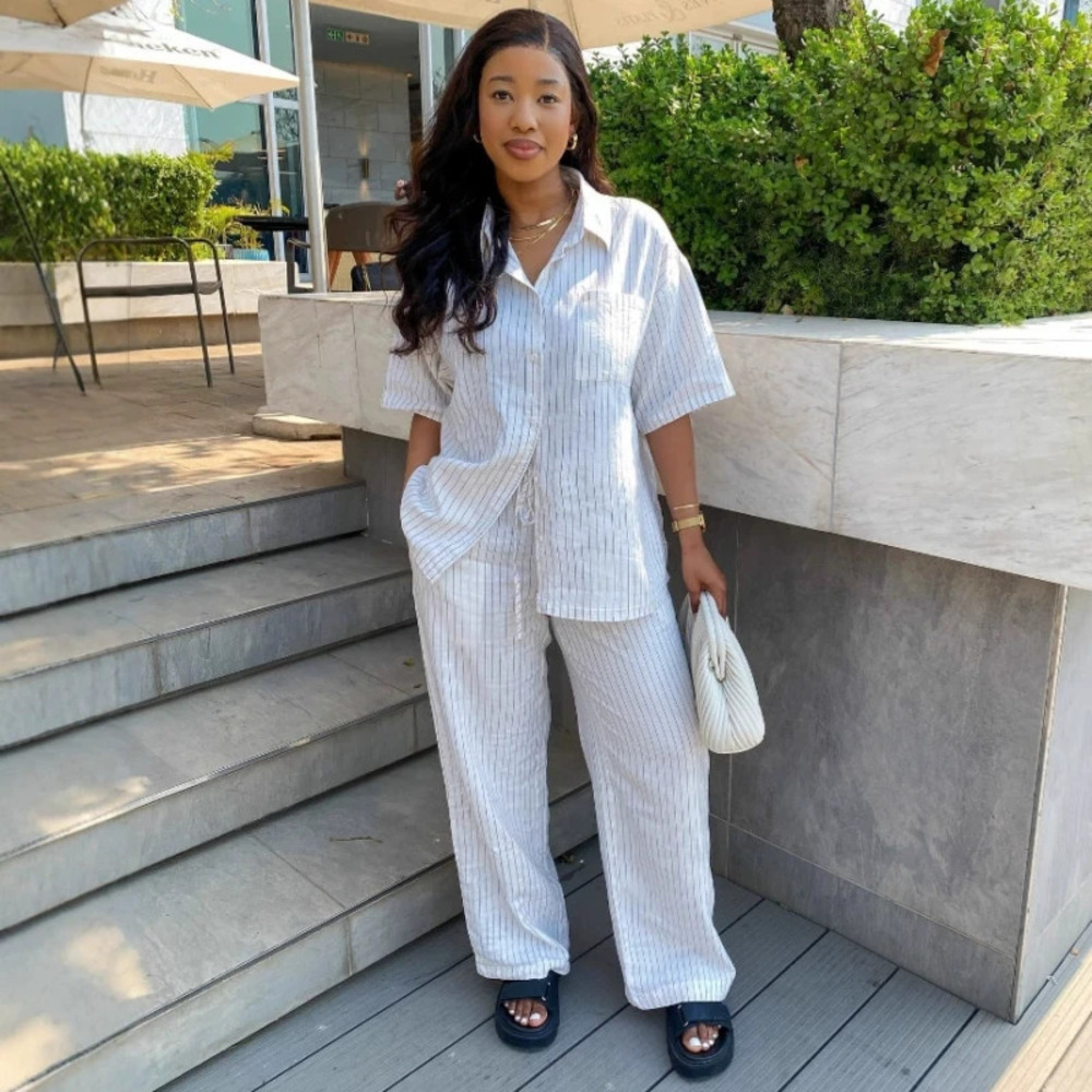 ZARA Women African Style Stripe Shirt Pants Set Comfortable Loose Short Sleeve